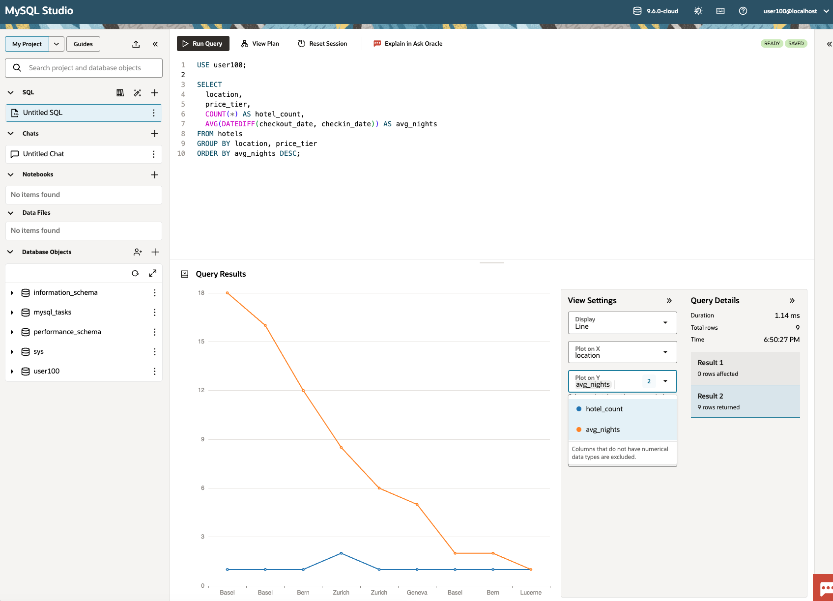 Integrated data visualization of SQL query results in MySQL Studio