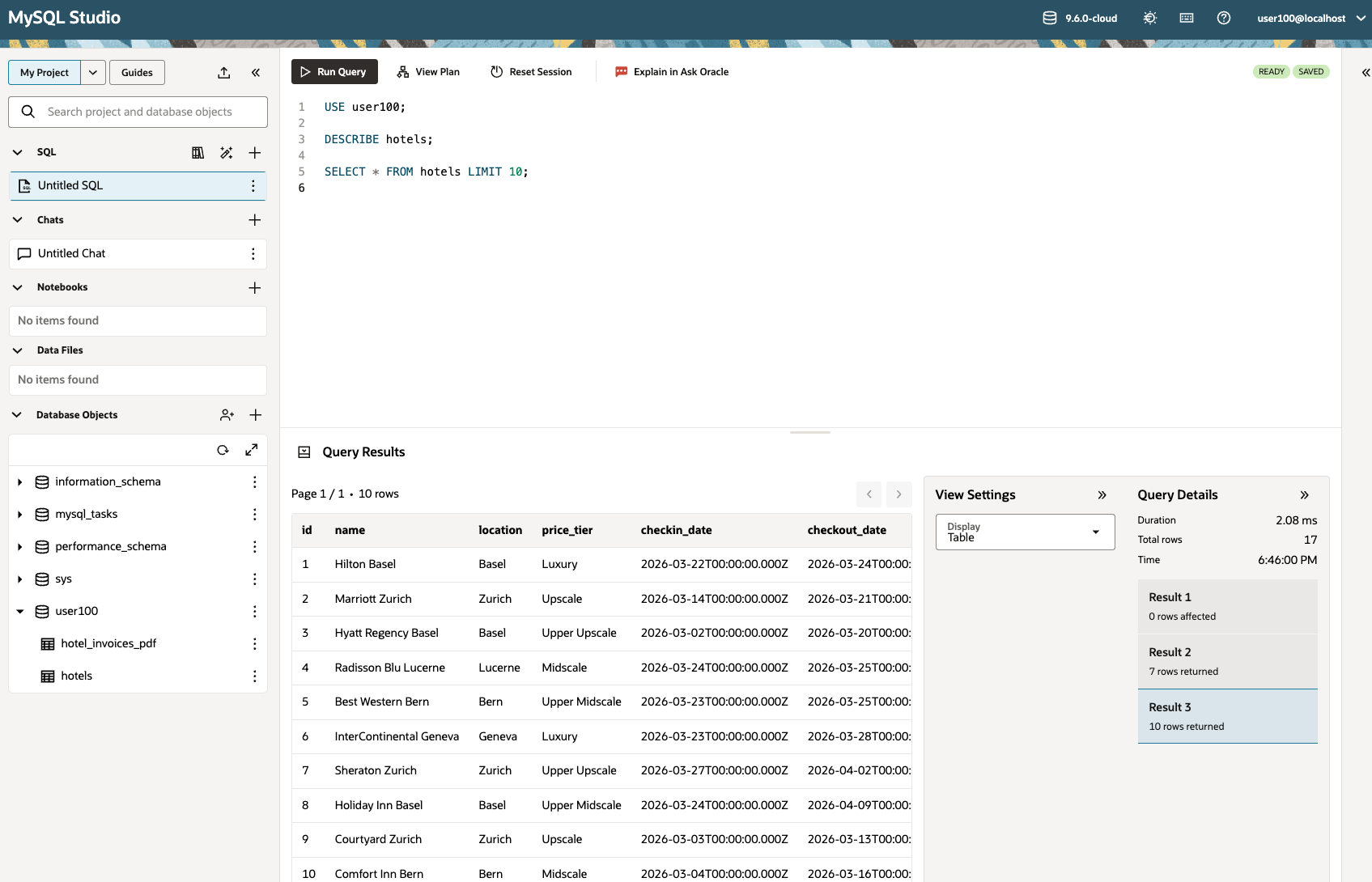 Viewing query results as a table in MySQL Studio